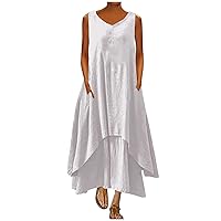 Maxi Plus Size Dresses for Women Summer Cotton Linen Sleeveless Layer Long Dress Casual Flowy Sundress with Pocket