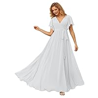 Raseal Flutter Sleeve Chiffon Bridesmaid Dress Long with Pockets V Neck Pleated Formal Dress for Women RS037