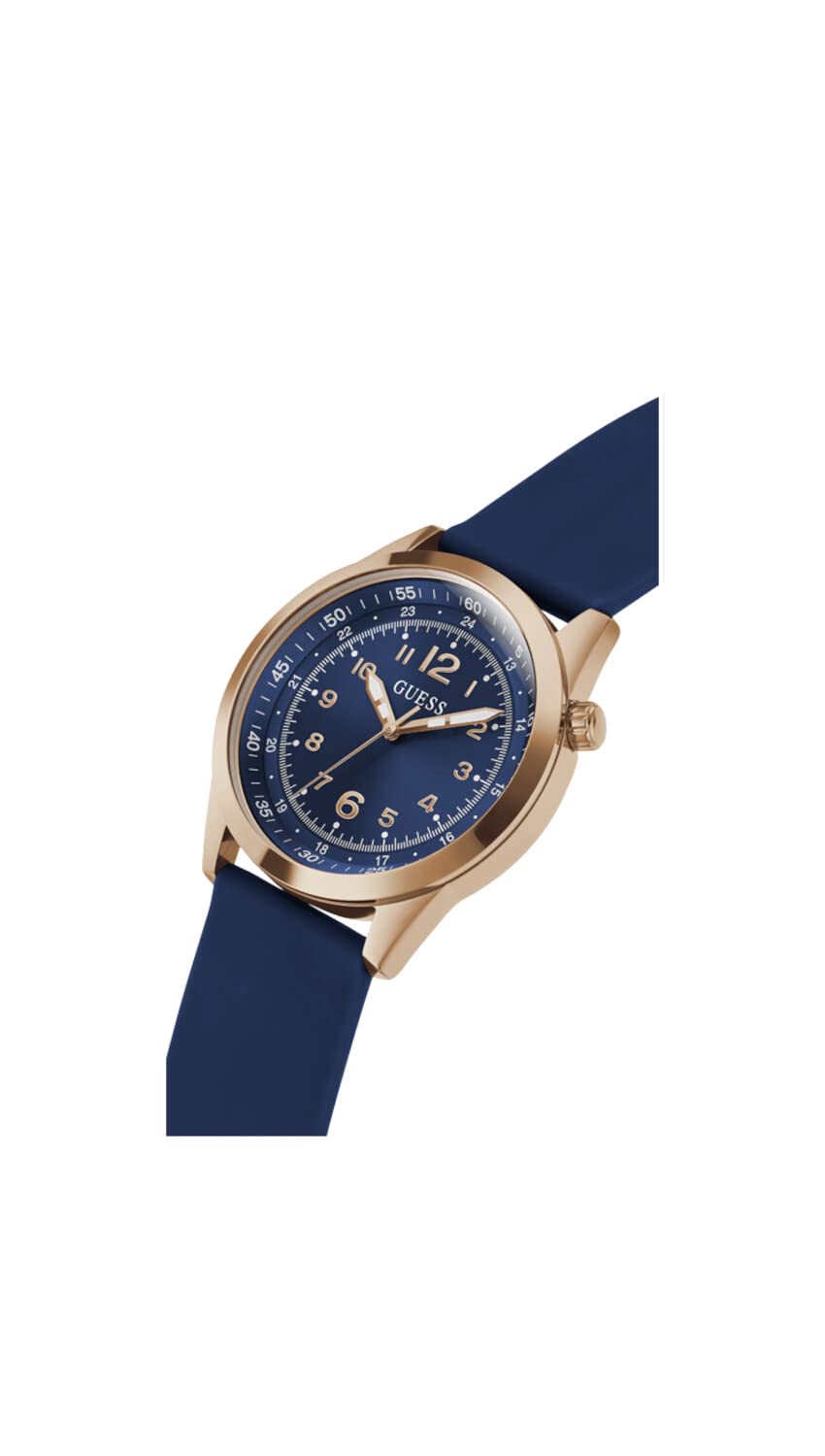GUESS Men's 42mm Watch - Blue Strap Blue Dial Rose Gold Tone Case