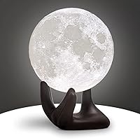 Moon Lamp, 3.5 inch 3D Printing Lunar Lamp Night Light with Black Hand Stand as Kids Women Girls Boy Birthday Gift, USB Charging Touch Control Brightness Two Tone Warm Cool White