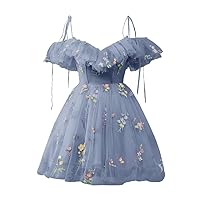 UZN Cold Shoulder Flower Embroidery Tulle Homecoming Dresses Short for Teens Formal Cocktail Party Prom Gowns