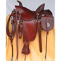 Manaal Enterprises Wade Tree A Fork Western Premium Leather Equestrian Roping Ranch Work Horse Saddle Tack, Free Matching Leather Headstall, Breast Collar, Reins, & Saddle Bag, Size 14