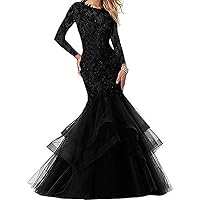 Women's Long Sleeves Mermaid Lace Prom Dress Ruffle Formal Party Gowns
