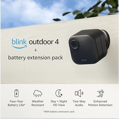 Blink Outdoor 4 (4th Gen) + Battery Extension Pack — Four-year battery wire-free smart security camera, two-way audio, HD live view, enhanced motion detection — 2 camera system
