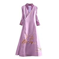 Spring Chinese Style Hanfu Dress Embroidery V-Neck 3/ Sleeves Retro Elegant Loose Belt Women