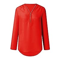 Womens Zipper Design Rollable Sleeve Blouse Fashion Sexy V-Neck Chiffon Top Shirts Casual Thin Section Long Sleeve Tops (XX-Large,Red 1)