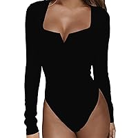 Womens Jumpsuits Dressy Summer Outfits Casual Women's Low Cut Bodysuit Sexy Leotards Deep V Neck Long Sleeve