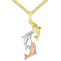 14k Tri-Color Gold Dangling Three Dolphins Jumpng Up Pendant with Cuban Curb Chain Necklace