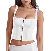 LAGSHIAN Women's Sleeveless Square Neck Double Layer Crop Top Central Single Row Clasp Trendy Tank Top
