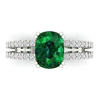 3.47ct Cushion Cut Solitaire with accent Simulated Green Emerald designer Modern Statement Accent Ring Solid 14k White Gold