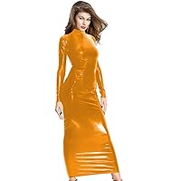Faux Leather Bodycon Long Dress Women Long Sleeve Stretch Clubwear