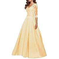 Women's V Neck Satin Prom Dress A Line Beaded Ball Gown with Sleeves