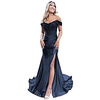 Off Shoulder Satin Bridesmaid Dresses Lace Mermaid Prom Dress with Slit Long Ruched Formal Party Gown