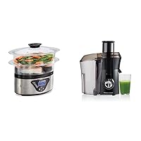 Hamilton Beach Digital Food Steamer for Quick, 5.5 Quart, Black & Stainless Steel & Juicer Machine, Big Mouth Large 3” Feed Chute for Whole Fruits and Vegetables, 800W Motor, Black