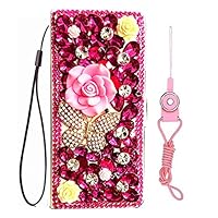 Sparkly Wallet Women Phone Case for ZTE Blade A51 with Glass Screen Protector,Bling Diamonds Leather Folio Stand Wallet Phone Cover with Lanyards (Pink Flower Butterfly)