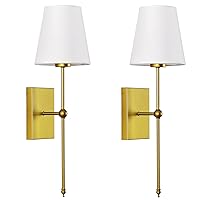 Set of 2 Slim Wall Sconces with White Fabric Shade, Gold Base Indoor Wall Light Fixtures for Bedroom Bedside Bathroom Vanity Light Living Room
