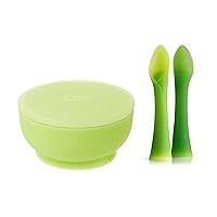 Olababy 100% Silicone Soft-Tip Training Spoon and Suction Bowl with Lid (Kiwi) Bundle