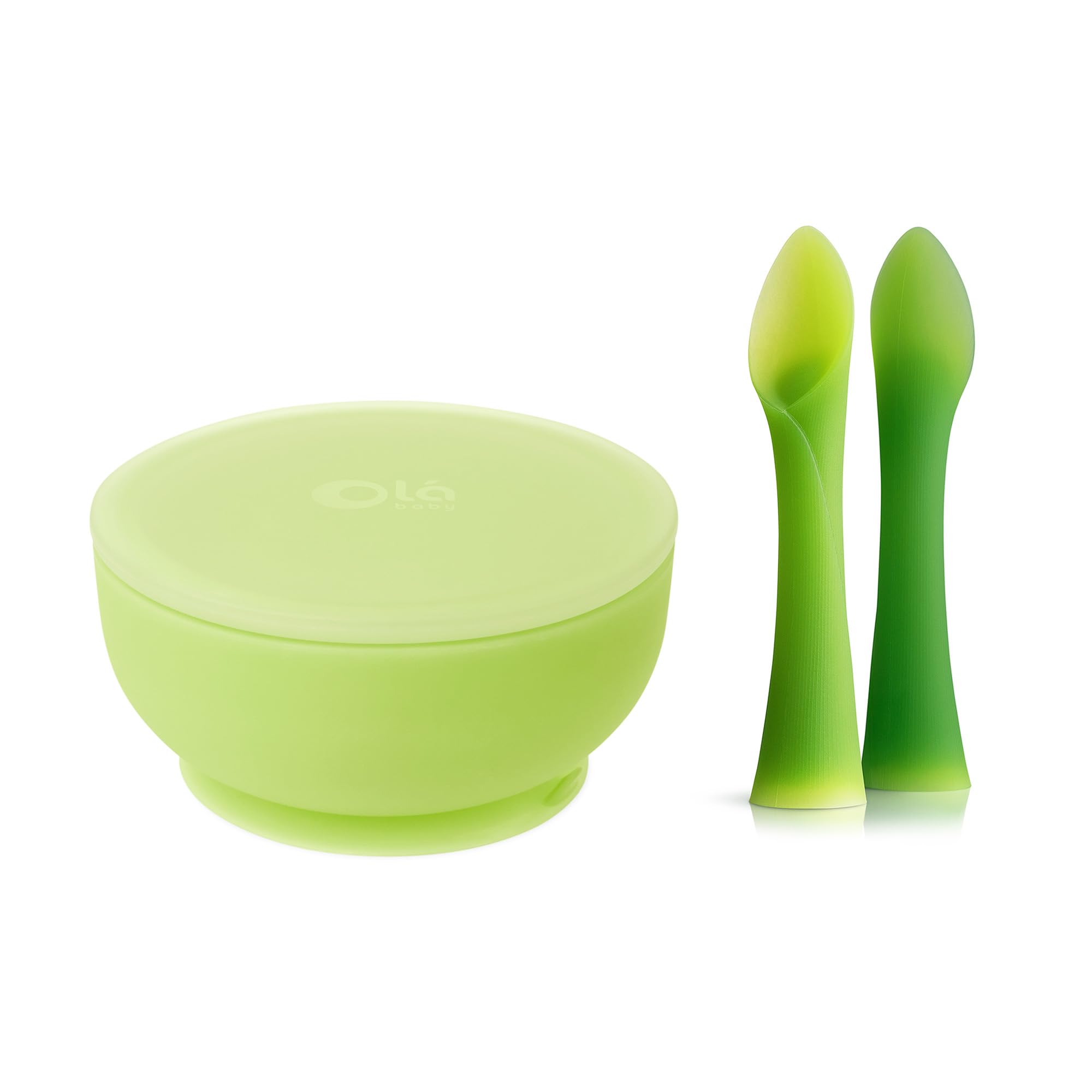 Olababy 100% Silicone Soft-Tip Training Spoon and Suction Bowl with Lid (Kiwi) Bundle