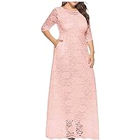 Womens Plus Size Lace Dresses Elegant 3/4 Sleeve Long Wedding Dresses Formal Evening Gowns Cocktail Dress with Pockets