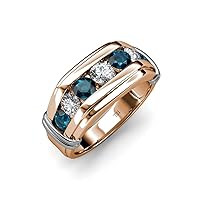 Round Blue & White Diamond 1 ctw 7 Stone Channel Set Men Wedding Ring 14K Gold