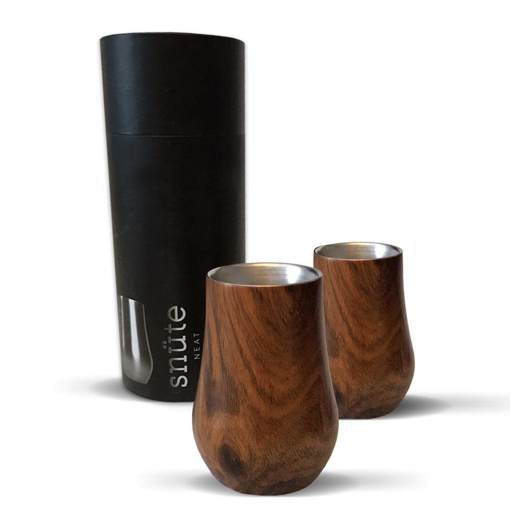 Snute Double-wall Stainless Steel Whiskey Glasses - Stemless Nosing Glass - Gift for Whiskey Lover - Set of 2 (Wood)