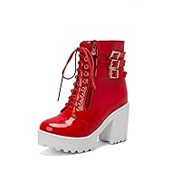 Womens Fashion Platform Chunky Heel Patent Leather Boots Buckled Ankle High Booties