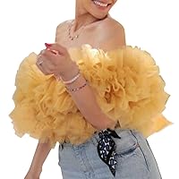 WDPL Women's Off Shoulder Ruffles Tulle Loose Blouses Shirts Short Top