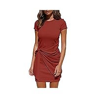 Women's Summer Casual T Shirt Dress Short Sleeve Round Neck Bodycon Ruched Tie Waist Solid Color Mini Dress