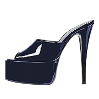 FSJ Women Open Toe Stiletto High Heel Sandals Platform Heeled Mules Glossy Leather Slides Backless Daily Walking Party Club Dress Shoes Size 4-16 US