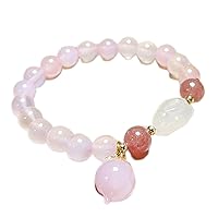 Bracelet Natural Crystal Bracelet 8MM Pink Agate Strawberry Quartz Chalcedony Carved Feng Shui Zodiac Rabbit Lucky Charm Peach Pendant Elastic Bracelet for Longevity Money Prosperity