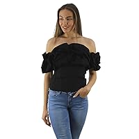 Wholesale Womens Rayon (Viscose) Black Off Shoulder Ruffled Blouse, 6 Pieces (2S, 2M, 2L) Pack of 1