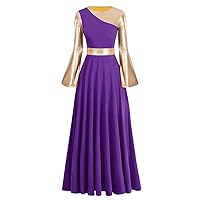 Women Metallic Bi Color Liturgical Praise Dance Dress Bell Long Sleeve Lyrical Dancewear Church Robe Worship Costume
