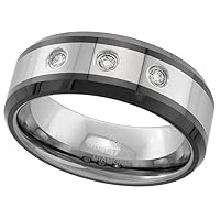 8mm Tungsten 3 Stone Diamond Wedding Ring Beveled Black Ceramic Inlay Edges Comfort fit, sizes 8 to 13