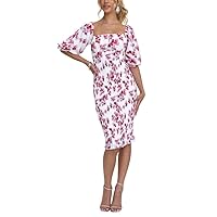 Women's Floral Smocked Bodycon Dress Puff Sleeve Square Neck Shirred Cocktail Midi Dress