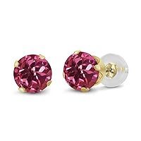 Gem Stone King 14K Yellow Gold Pink Tourmaline Stud Earrings For Women | 0.48 Cttw | Gemstone October Birthstone | Round 4MM