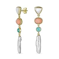 Modern Bridal Tri Tone Mixed Natural Pastel Soft Pink Green Gemstones Geometric Linear Thin Long Off White Freshwater Cultured Baroque Pearl Dangle Earrings For Women Teens Yellow Gold Plated