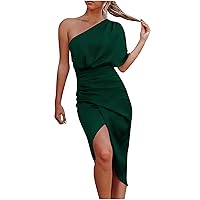 Womens One Shoulder Ruched Bodycon Midi Dress Sexy Short Sleeve Slit Wrap Party Cocktail Wedding Guest Dresses