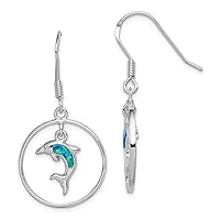925 Sterling Silver Polished Shepherd hook Circle With Simulated Blue Simulated Opal Dolphin Long Drop Dangle Earrings Measures 40x23mm Jewelry for Women
