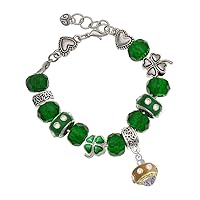 Goldtone Tan with Crystals Spinner - Green Irish Luck Bead Charm Bracelet, 7.5