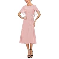 Bat Sleeve Tea Length Mother of The Bride Dress with Pockets Ruffle Chiffon Mother of The Groom Dress for Wedding