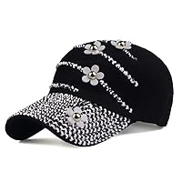 Women Bling Baseball Cap with Flower, Vintage Adjustable Low-Profile Dad Hat Sport Strapback Caps for Ladies