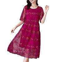 Summer Mesh Embroidery Hollow Out Sexy Midi Dress Women Vintage Loose Waist Dress Elegant Party Dress