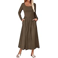MEROKEETY Women's 2024 Long Sleeve Scoop Neck Dress Casual Loose A line Midi Dresses with Pockets