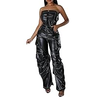 Womens PU Leather Jumpsuit Sexy Off The Shoulder Top Tight Waist Cargo Pants Bodysuit Multiple Pockets