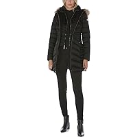 Laundry by Shelli Segal Women's 3/4 Puffer Jacket with Detachable Faux Fur Strip and Bib