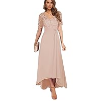 Tea Length Mother of The Bride Dresses for Wedding Lace V Neck Formal Dress with Sleeves Chiffon Evening Gown