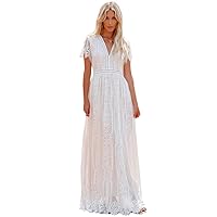 Lace Maxi Dress Women Hollow V Neck Chic Short Sleeve Loose Hem Summer Vestidos Solid Holiday Dresses
