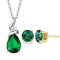 FANCIME Mothers Day Gifts 14K White Gold Emerald Heart Necklace/Earrings for Mom Women Wife