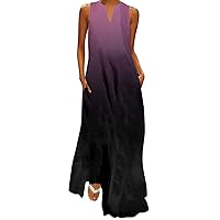 LIXIAO Women's Maxi Dresses for Summer,Sleeveless Sun Dress Color Block Vintage Dress Casual Fashion Flowy Dresses