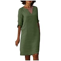 Womens Plus Size Dresses, Dresses For Women 2024 Casual Boho Dresses V-Neck Dress Women'S Summer Short Sleeve Trendy Solid Color 2024 Lace Splicing Womens Cotton Linen Loose Trendy (Army Green,Medium)